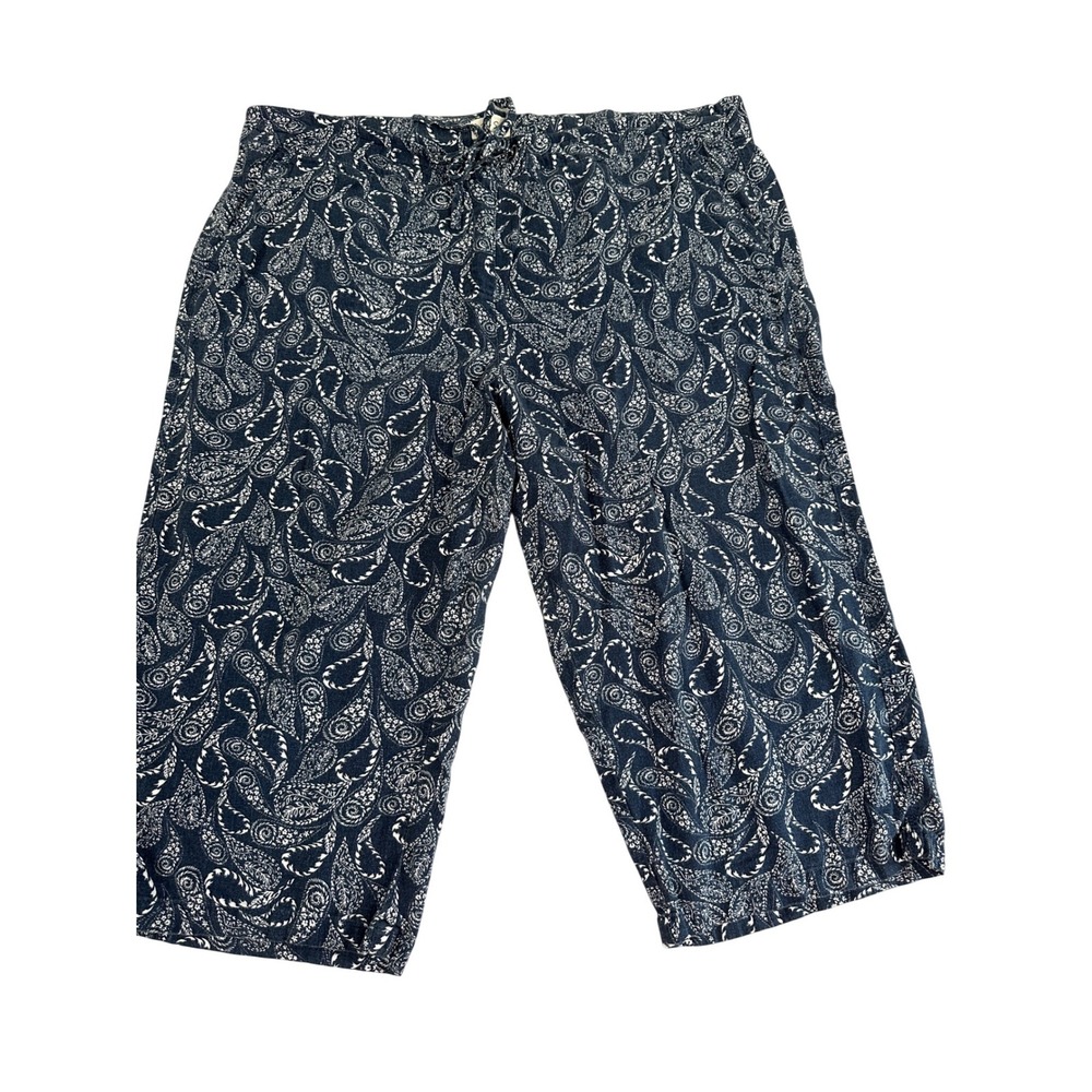 Per Se Navy Paisley Linen Blend Cropped Pants Womens 3X Elastic Waist Drawstring